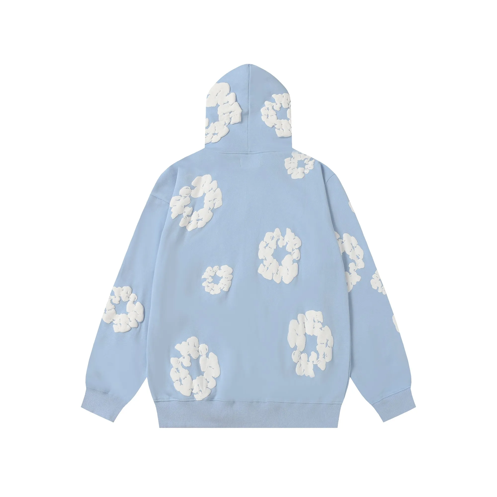 16 colors DENIM TEARS Kapok European and American trendy brand high-quality foam printed hooded sweatshirt jacket. Terry fabric weighs 380 grams. Threads are customized and dyed in the same color. Color Black Gray Blue Green Royal Blue Purple Red Orange Colorful Blue Pink White Sky Blue Brown Carbon Gray Black Gray White White Size S-XL